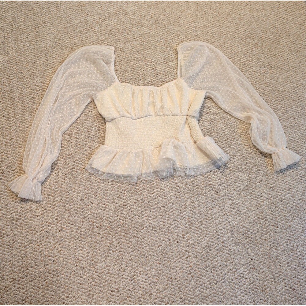 Crescent Smocked Puff Sleeve Crop Top M Beige Peasant Coquette Milkmaid Sheer